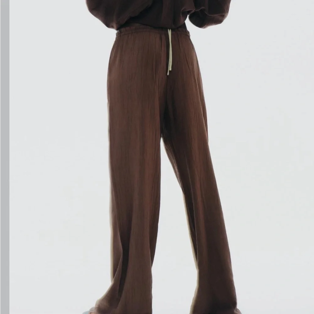 Zara NWT textured weave tan brown wide leg pants